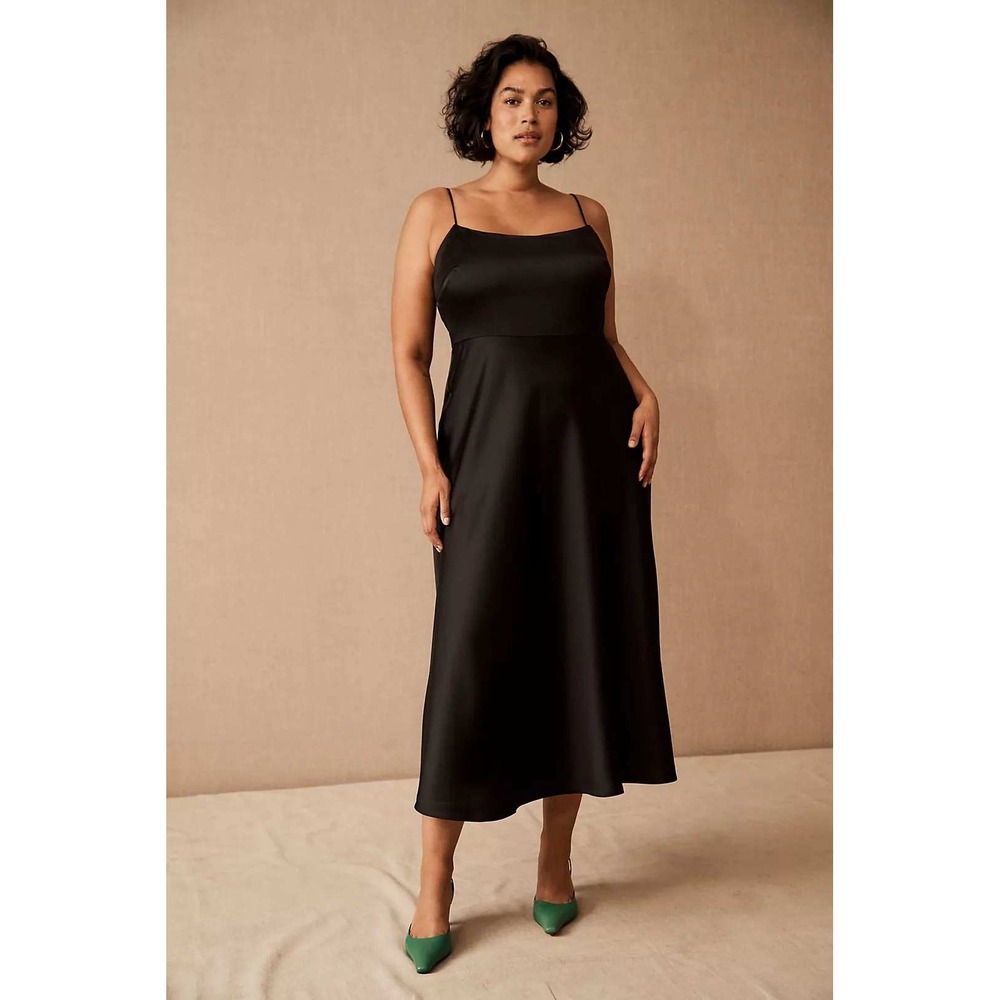 Anthropologie BHLDN Leti Slip Dress 16 Black Midi A Line Satin Cocktail LBD